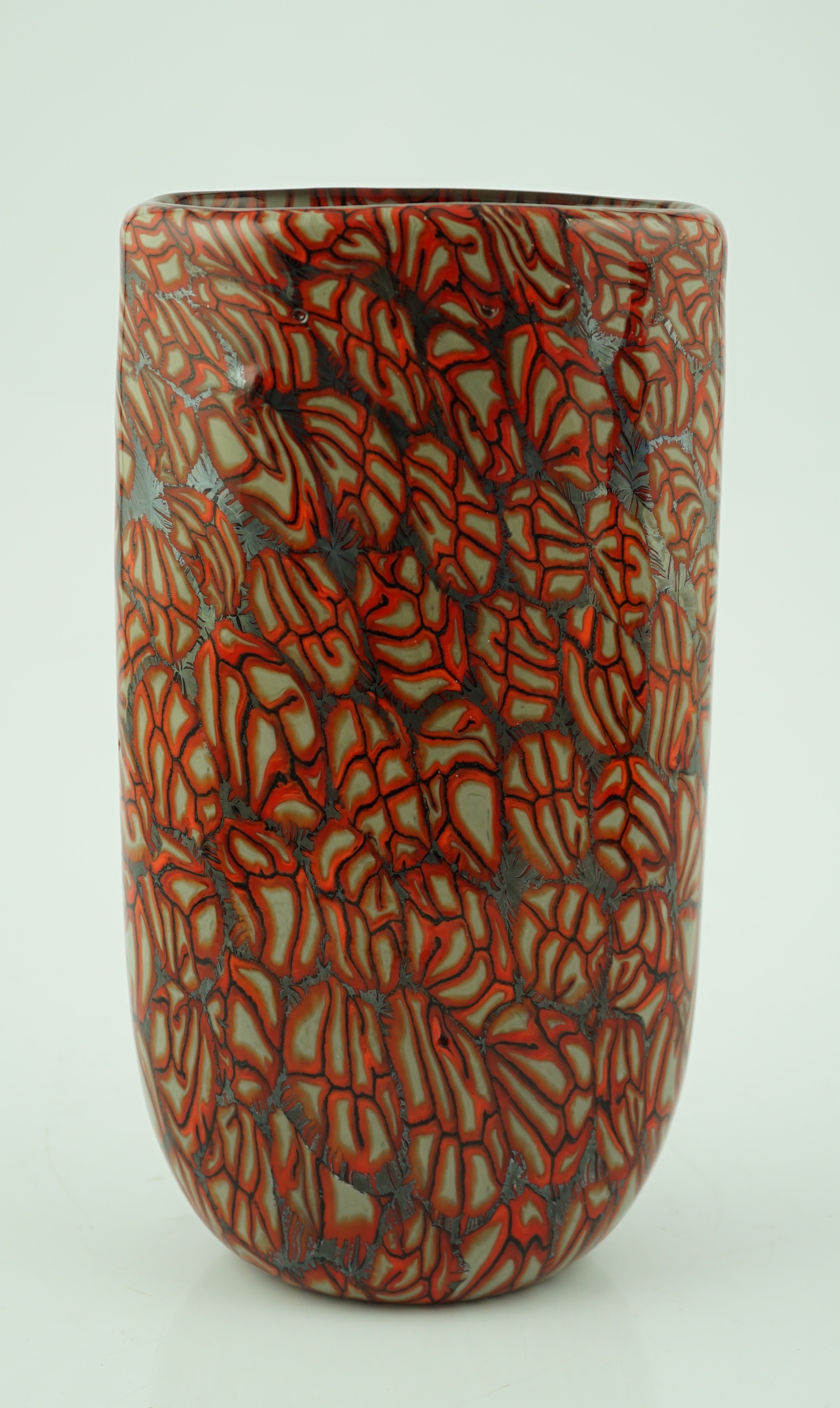 Vittorio Ferro (1932-2012 A Murano glass Murrine vase, cup shaped decorated with red and white stylised flowers, on a black ground, signed, 28.5cm, Please note this lot attracts an additional import tax of 20% on the ham